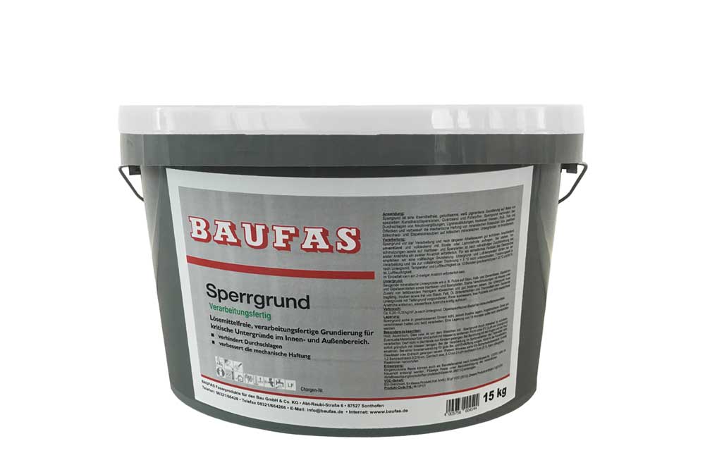 Baufas Produkt Sperrgrund in grauem Rezyklat-Eimer