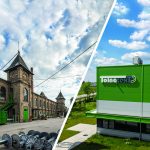 Bildcollage bestehend aus zwei Bildern, linkes Bild zeigt das historische Tolnatext-Gebäude, die rechte Seite das neue moderne Firmengebäude